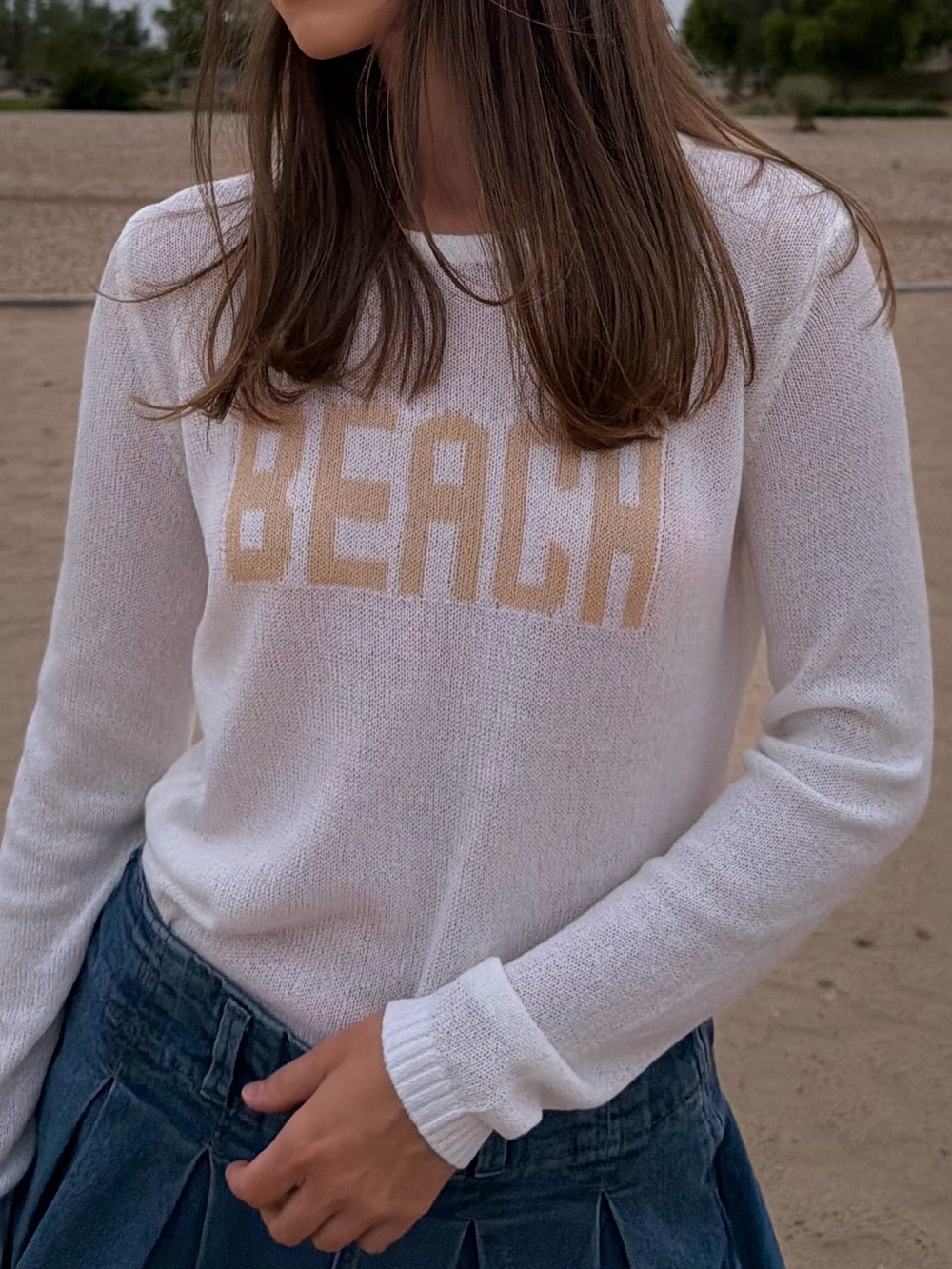 White 'BEACH' Knit Pullover with Beige Lettering